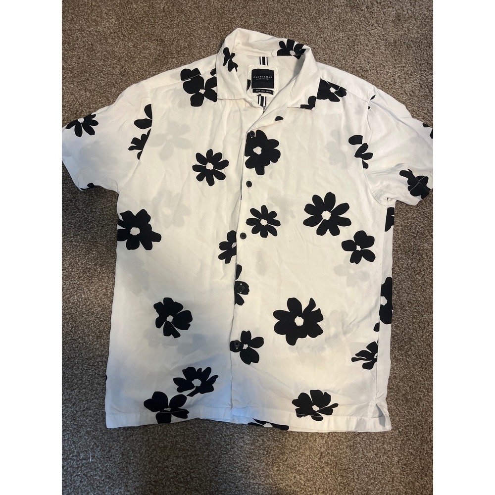 CACTUS MAN RICKY SINGH White Black Floral Short Sleeve Button Up Shirt Men S